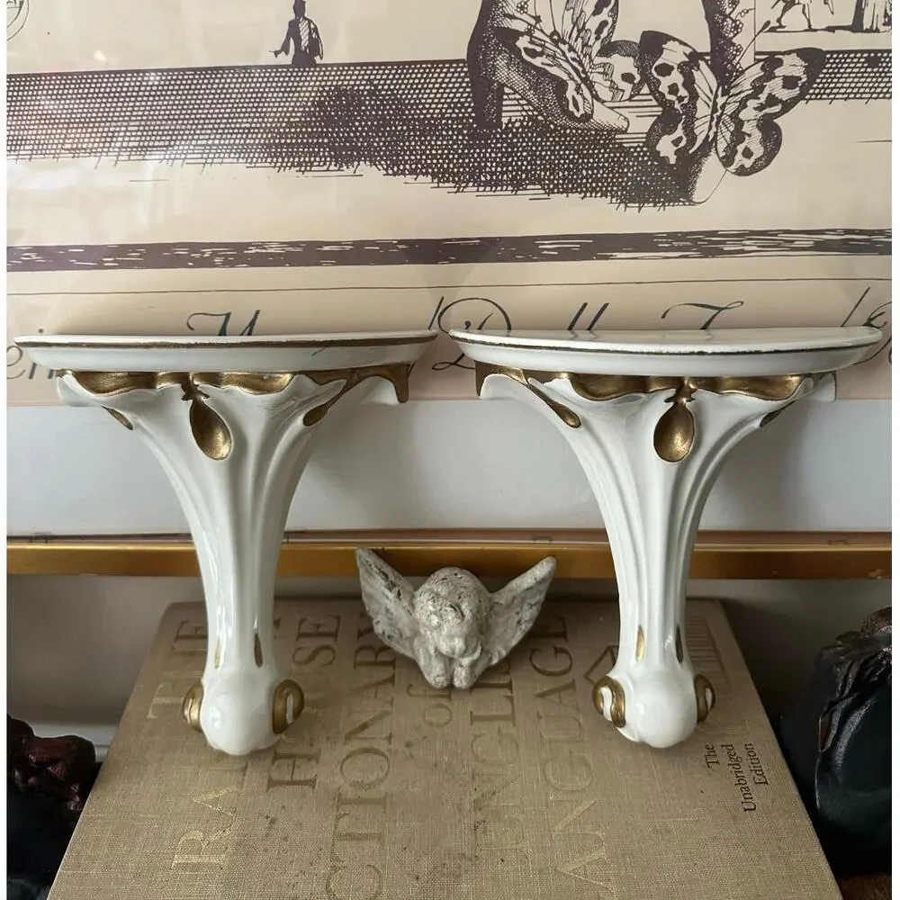 Vintage Italian Hollywood Regency Style Gilt Porcelain Brackets Shelves sconces